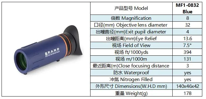 8X32 Compact Mini Pocket Telescope Monocular Spotting Scope for Kids and Adults with Tripod Waterproof Portable Model: Mf1-0832-Blue