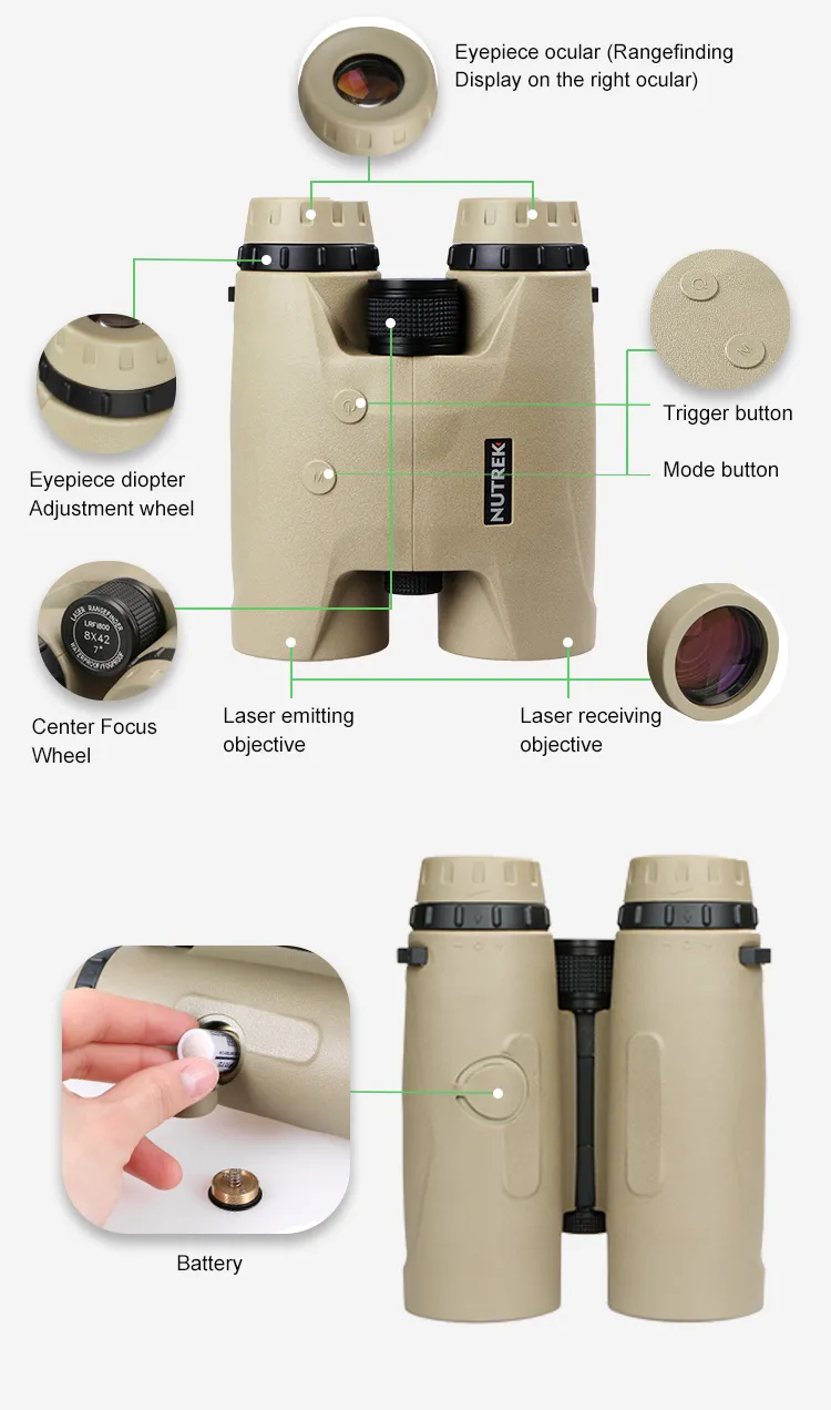 8X42 Angle Horizontal 1500m Distance Pdlc Binoculars Laser Rangefinder