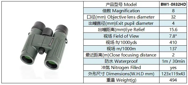 Super Quality Popular Handheld HD Waterproof Binoculars Bw1-8X32HD
